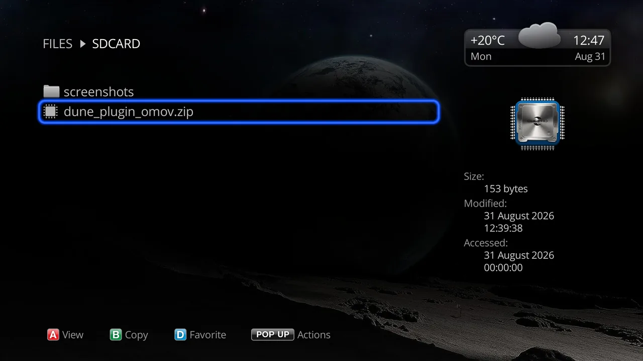 Архив плагина dune_plugin_omov.zip на SD-карте, выбран для установки